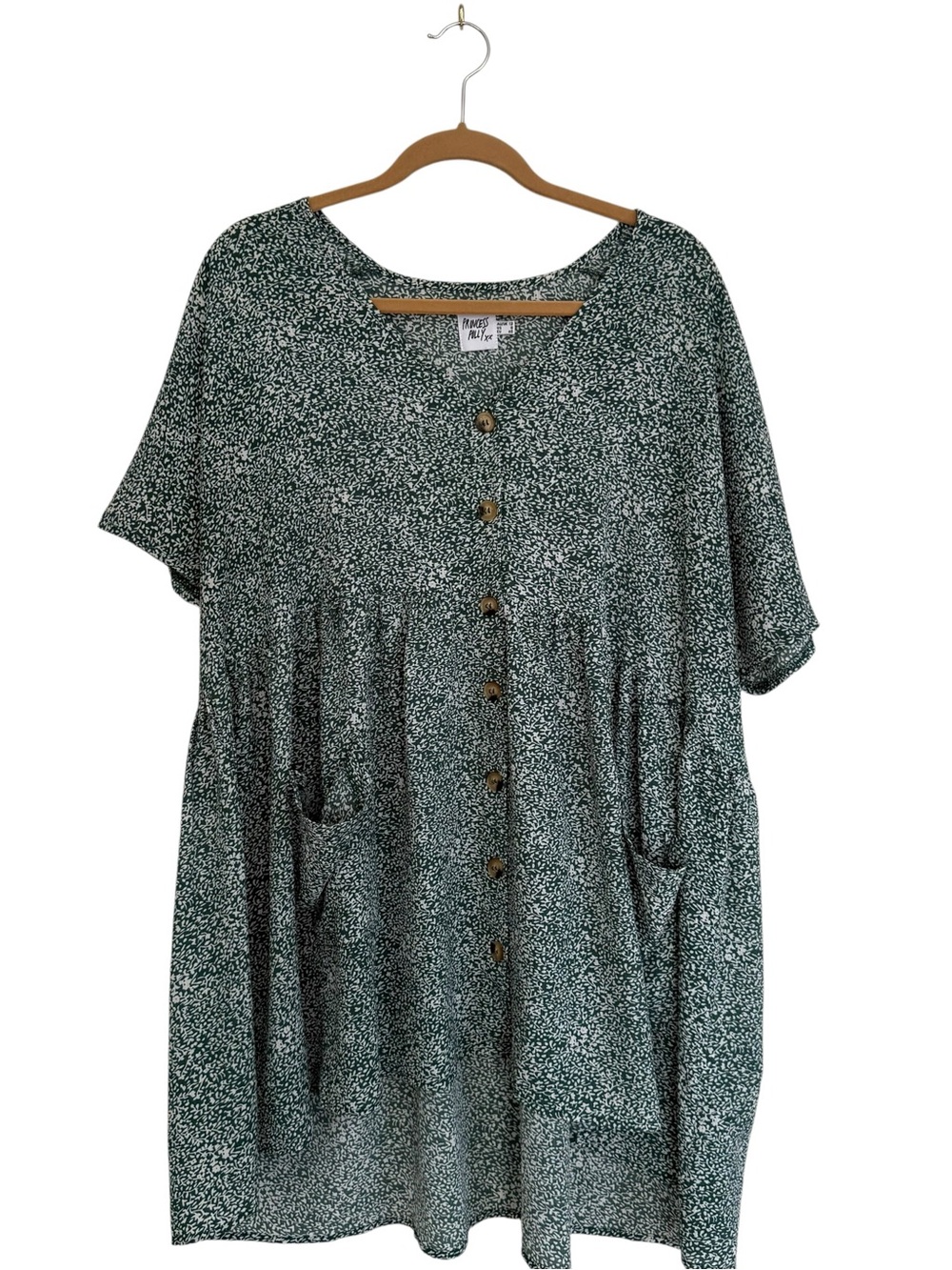 Princess Polly Green and White Printed Button Front Babydoll Mini Dress